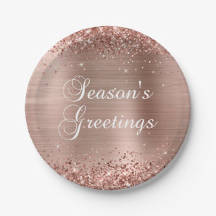 Glittery Rose Gold Foil Seasons Greetings Paper Plate