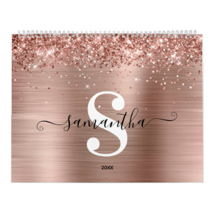 Glittery Rose Gold Foil Signature Monogram Photo Calendar