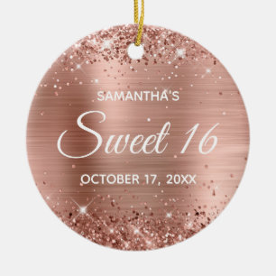 Glittery Rose Gold Foil Sweet 16 Birthday Ceramic Ornament