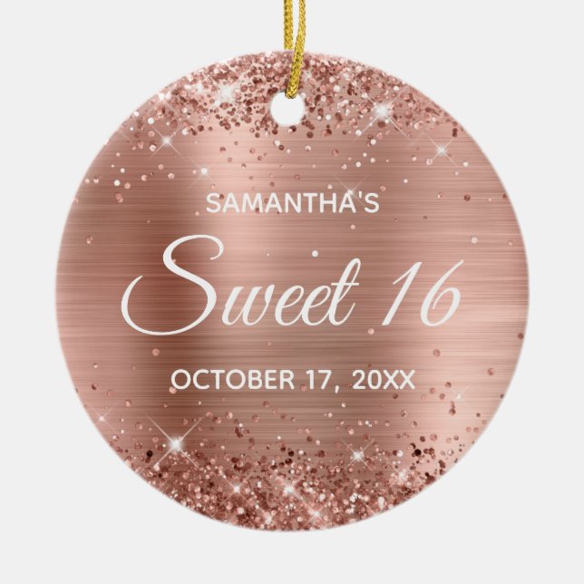 Glittery Rose Gold Foil Sweet 16 Birthday Ceramic Ornament (Front)
