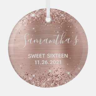 Glittery Rose Gold Foil Sweet 16 Glass Tree Decoration
