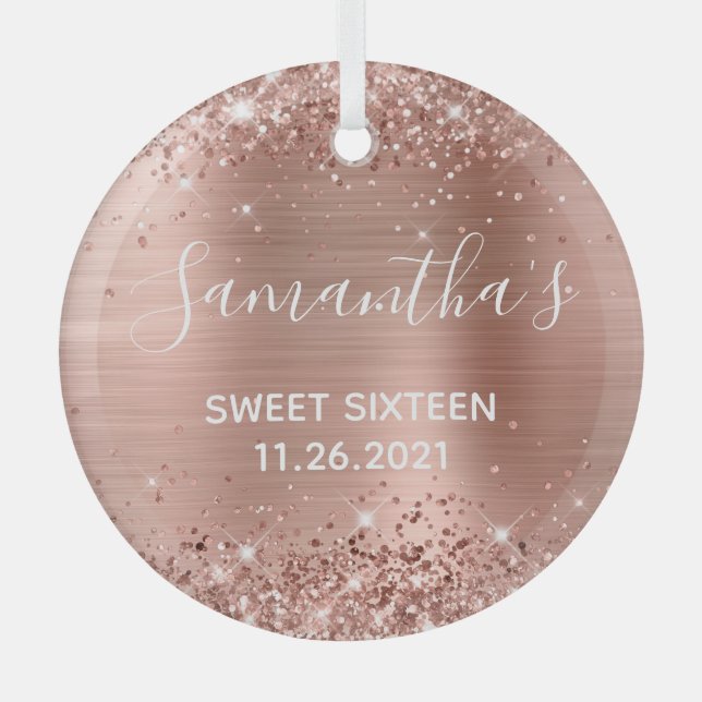 Glittery Rose Gold Foil Sweet 16 Glass Tree Decoration (Front)