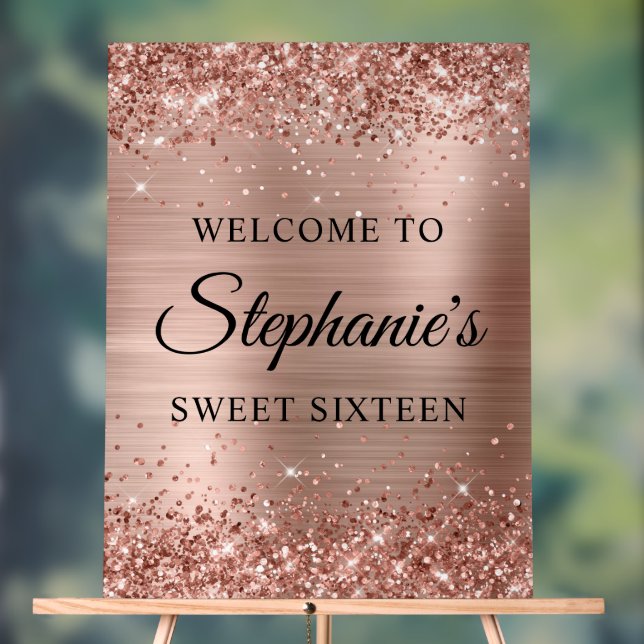 Glittery Rose Gold Foil Sweet Sixteen Welcome Acrylic Sign (Neutral)