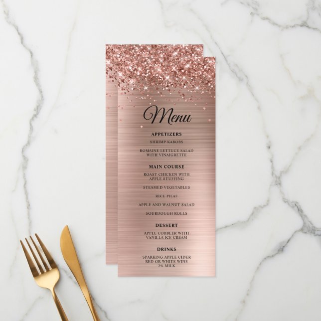 Glittery Rose Gold Foil Wedding Reception Menu (Front/Back In Situ)