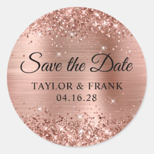 Glittery Rose Gold Foil Wedding Save the Date Classic Round Sticker