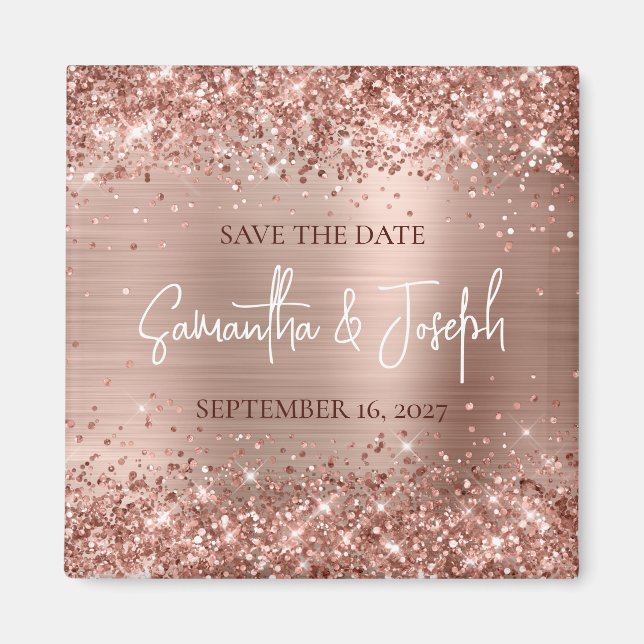 Glittery Rose Gold Foil Wedding Save the Date Magnet (Front)