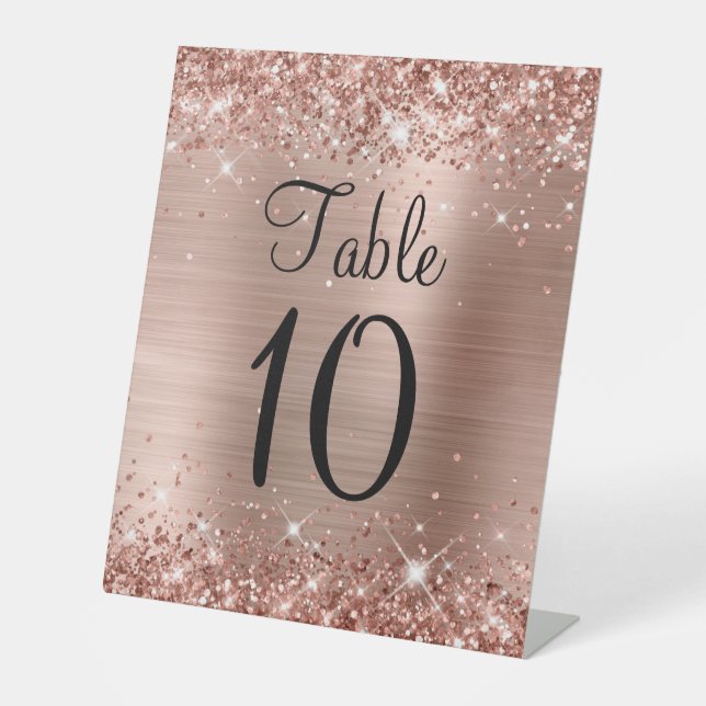 Glittery Rose Gold Foil Wedding Table Number Sign (Front)