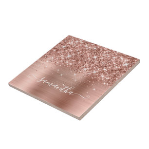 Glittery Rose Gold Girly Signature Calligraphy Ceramic Tile