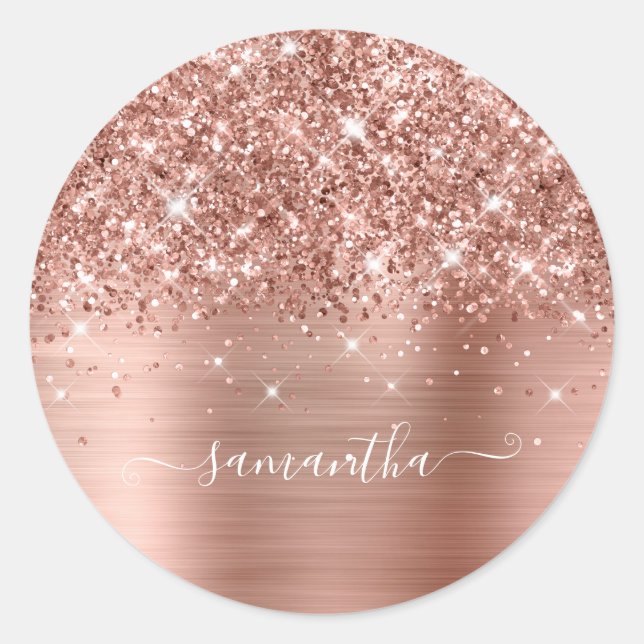 Glittery Rose Gold Girly Signature Calligraphy Classic Round Sticker (Front)