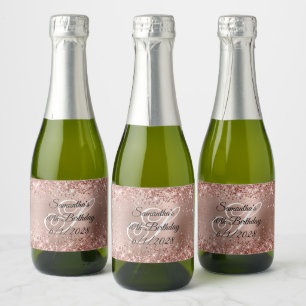 Glittery Rose Gold Glam 40th Birthday Monogram Sparkling Wine Label