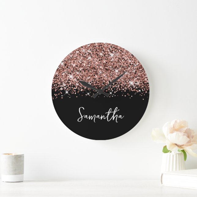 Glittery Rose Gold Glam Black and White Name Large Clock (Home)