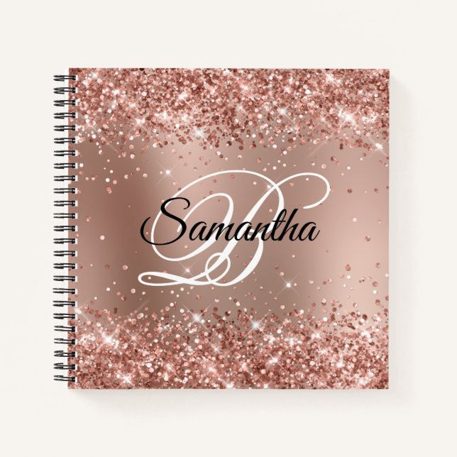 Glittery Rose Gold Glam Gradient Monogram Notebook (Front)