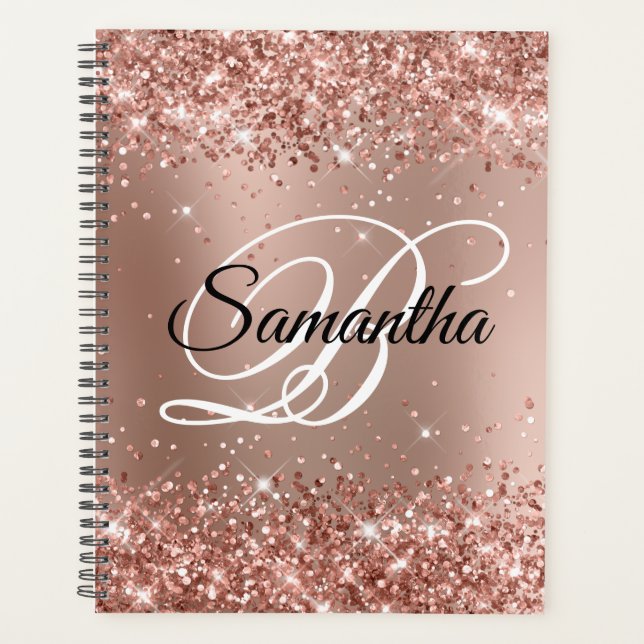 Glittery Rose Gold Glam Gradient Monogram Planner (Front)