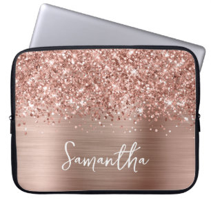 Glittery Rose Gold Glam Handwritten Script Name Laptop Sleeve