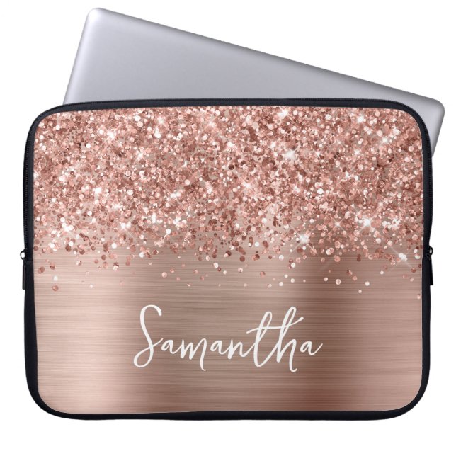 Glittery Rose Gold Glam Handwritten Script Name Laptop Sleeve (Front)