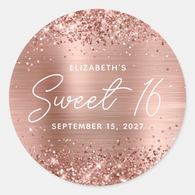 Glittery Rose Gold Glam Modern Script Sweet 16 Classic Round Sticker (Front)