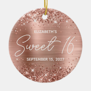 Glittery Rose Gold Glam Modern Sweet 16 Photo Ceramic Ornament