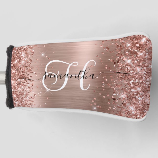 Glittery Rose Gold Glam Monogram Golf Head Cover (Front)
