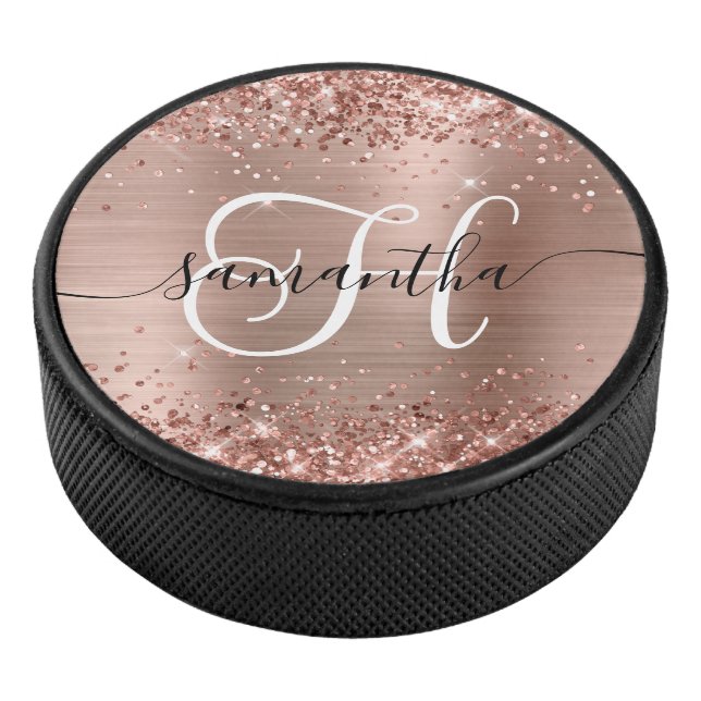 Glittery Rose Gold Glam Monogrammed Hockey Puck (3/4)