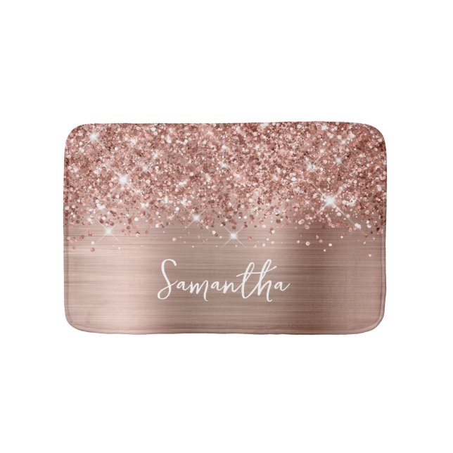 Glittery Rose Gold Glam Name Bath Mat (Front)