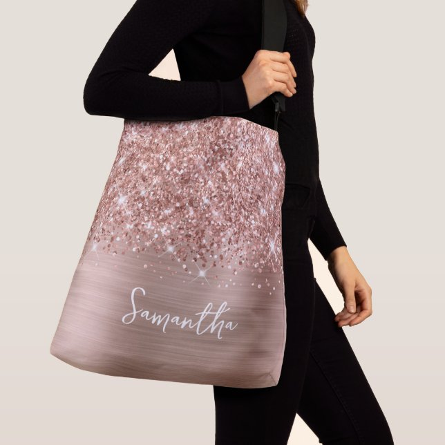Glittery Rose Gold Glam Name Crossbody Bag (Close Up)