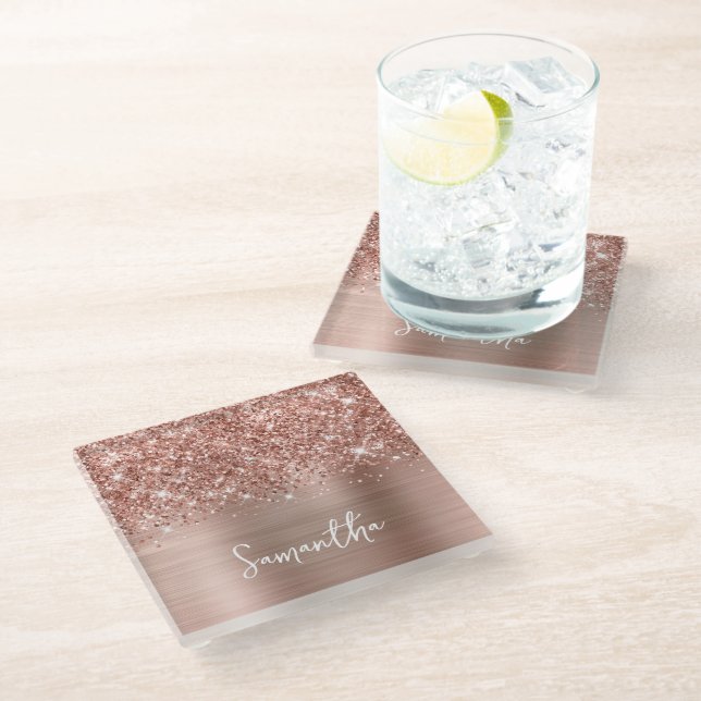 Glittery Rose Gold Glam Name Glass Coaster (Angled)