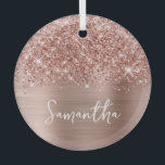 Glittery Rose Gold Glam Name Glass Tree Decoration<br><div class="desc">Customise the modern handwritten style script to create your own two-sided round glass Christmas ornament. Add a monogram initial to create a first name initial combination. Girly faux blush pink and rose gold glitter and brushed metal foil digital art (it will print like a photo on your modern design). Replace...</div>