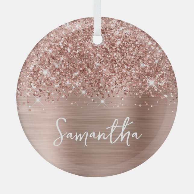Glittery Rose Gold Glam Name Glass Tree Decoration (Front)