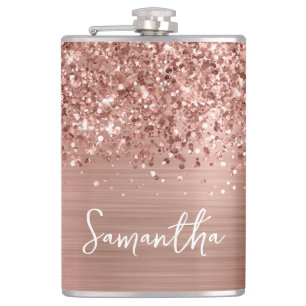 Glittery Rose Gold Glam Name Hip Flask