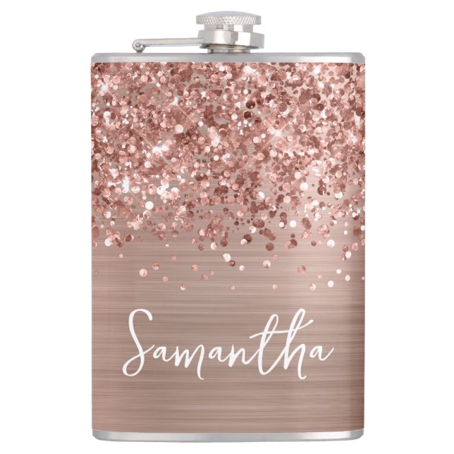 Glittery Rose Gold Glam Name Hip Flask (Front)