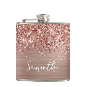 Glittery Rose Gold Glam Name Hip Flask