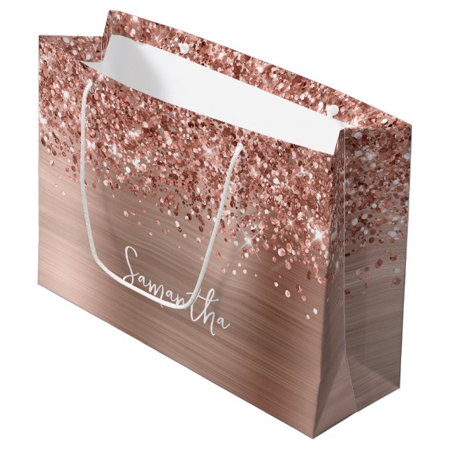 Glittery Rose Gold Glam Name Large Gift Bag (Front Angled)