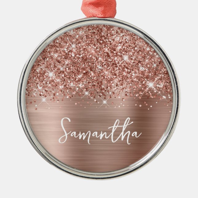 Glittery Rose Gold Glam Name Metal Ornament (Front)