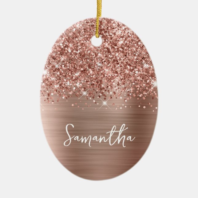 Glittery Rose Gold Glam Name Oval Photo Ceramic Ornament (Front)