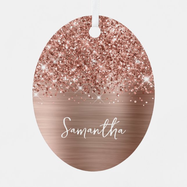 Glittery Rose Gold Glam Name Oval Photo Metal Tree Decoration (Front)