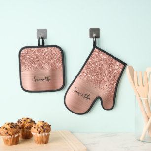 Glittery Rose Gold Glam Name Oven Mitt & Pot Holder Set