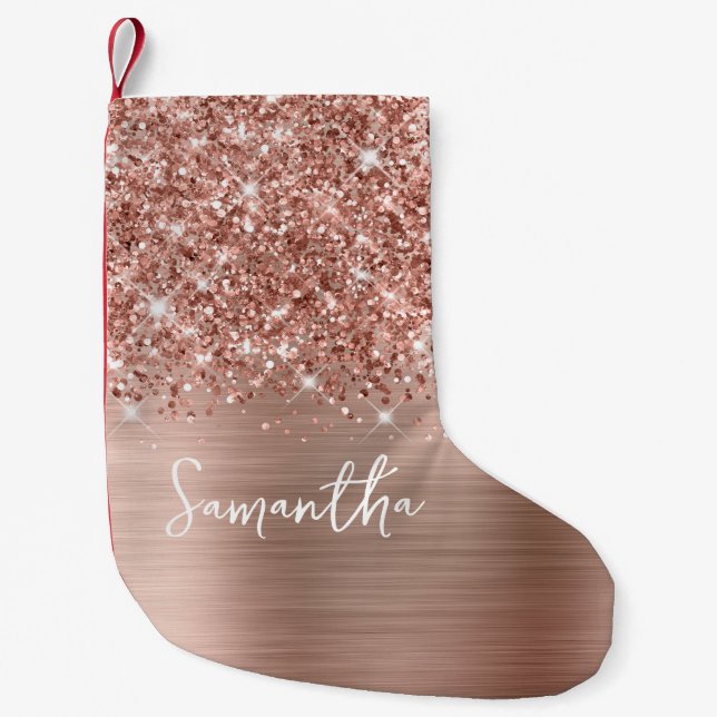 Glittery Rose Gold Glam Name Small Christmas Stocking (Front)