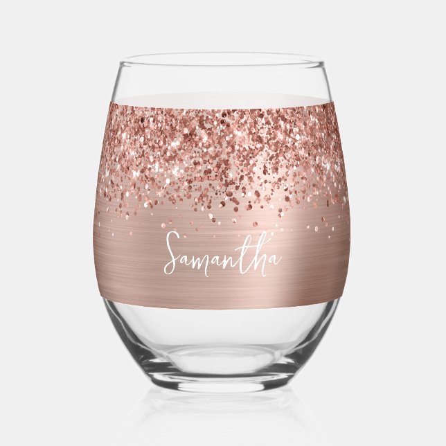 Glittery Rose Gold Glam Name Stemless Wine Glass (Front)