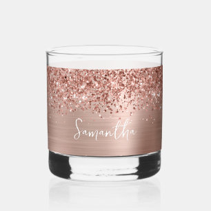 Glittery Rose Gold Glam Name Whiskey Glass