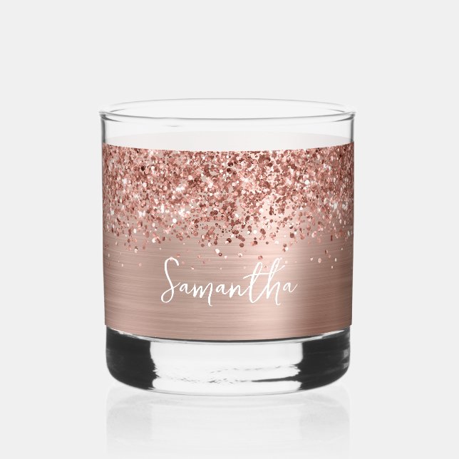 Glittery Rose Gold Glam Name Whiskey Glass (Front)