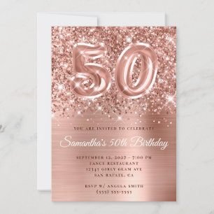 Glittery Rose Gold Glam Number 50th Birthday Invitation