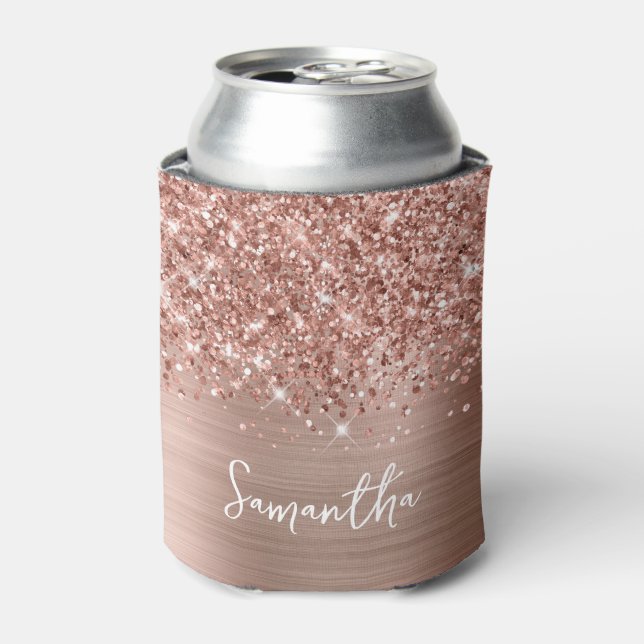 Glittery Rose Gold Glam Script Name Can Cooler (Can Front)