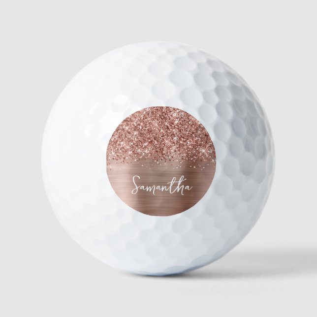 Glittery Rose Gold Glam Script Name Golf Balls (Front)