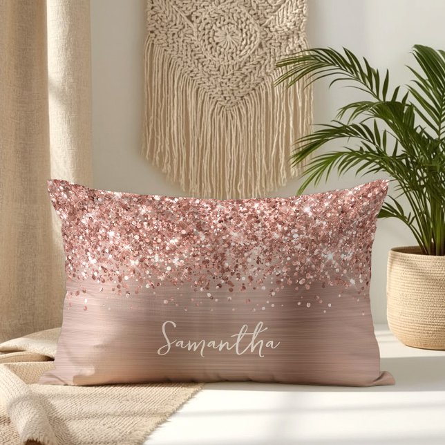 Glittery Rose Gold Glam Script Name Lumbar Cushion (Glittery Rose Gold Glam Script Name Lumbar Pillow)