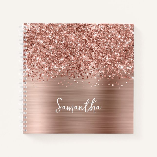 Glittery Rose Gold Glam Script Name Notebook (Front)