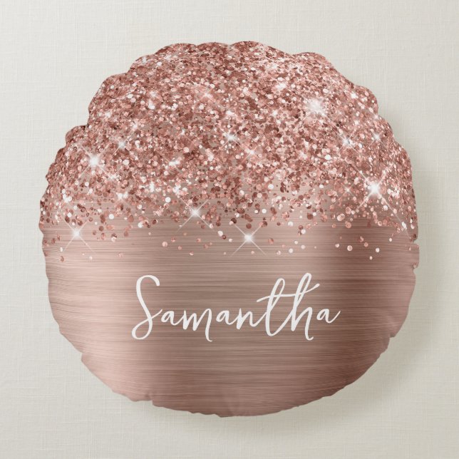 Glittery Rose Gold Glam Script Name Round Cushion (Front)