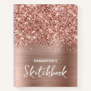 Glittery Rose Gold Glam Sketchbook with Name Notebook