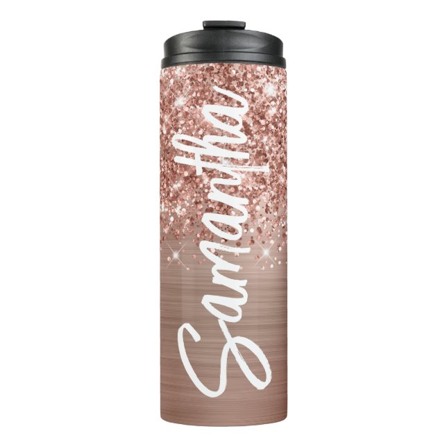 Glittery Rose Gold Glam Vertical Name Personalised Thermal Tumbler (Front)