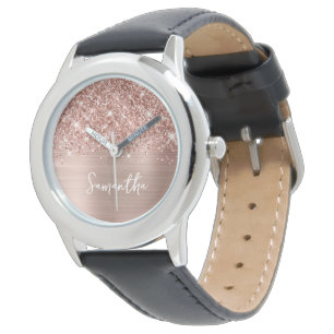Glittery Rose Gold Glam White Name Watch