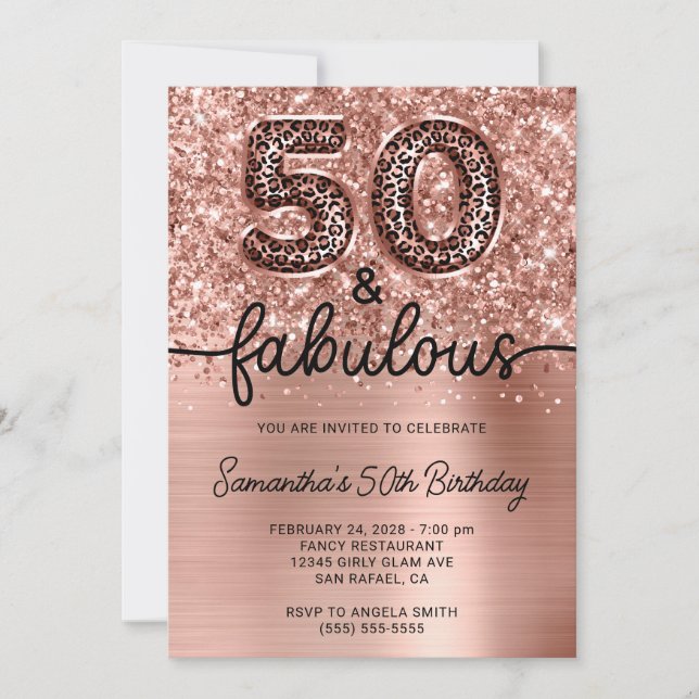 Glittery Rose Gold Leopard Glam 50 and Fabulous Invitation (Front)